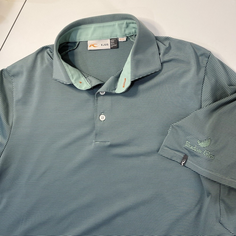 KJUS Shirt Mens Large 52 Green Pin Stripe Golf Polo‎ UPF 50 Performance Logo